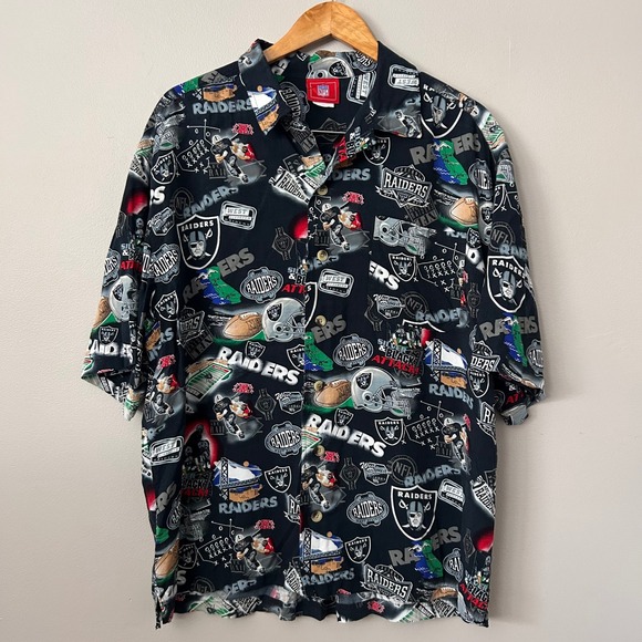 NFL Oakland Raiders Mens XL Black All Over Print Hawaiian Button Front Shirt Vtg - Picture 2 of 7